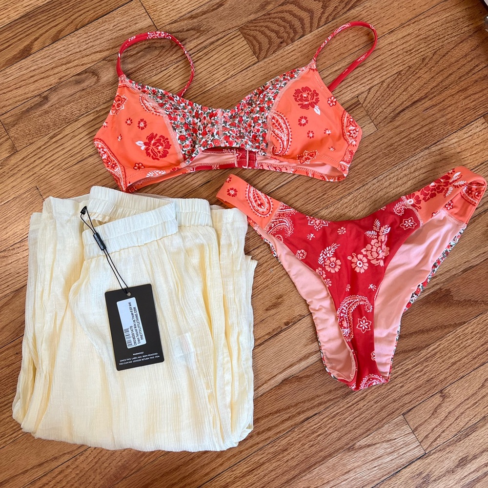 Orange and Red Floral Bikini Set with Cream Pants - Bikini Bundle